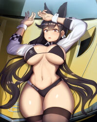  1girl alternate_costume animal_ears arm_up arms_up atago_(azur_lane) atago_(stunning_speedster)_(azur_lane) azur_lane black_hair blush breasts breasts_apart brown_eyes car cleavage female_focus fox_ears hair_between_eyes highres kitchen_hood large_breasts long_hair looking_at_viewer lying maku_ro midriff mole mole_under_eye motor_vehicle navel official_alternate_costume on_back open_clothes open_mouth outdoors race_queen race_vehicle racecar shirt solo swimsuit thick_thighs thighhighs thighs tongue underboob upper_body very_long_hair white_shirt windshield wrist_cuffs yellow_car yellow_racecar 