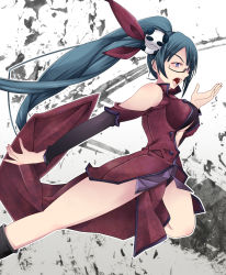  1girl arc_system_works black_hair blazblue blazblue:_calamity_trigger blue_eyes breasts china_dress chinese_clothes dress female_focus fu_ikaru glasses gradient_background lao_jiu litchi_faye_ling long_hair open_mouth ponytail solo 