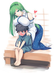 1boy 1girl aqua_eyes asutora bare_shoulders barefoot black_hair blue_eyes blue_kimono blue_skirt blush breast_rest breasts breasts_on_head closed_mouth collared_shirt commentary_request detached_sleeves frog_hair_ornament full_body green_hair green_hairband hair_ornament hair_tubes hairband hand_on_another&#039;s_shoulder heart hetero highres huge_breasts japanese_clothes kimono kneeling kochiya_sanae long_hair long_skirt long_sleeves looking_at_another no_shoes nose_blush shirt shota sitting skirt sleeveless sleeveless_shirt smile socks touhou white_legwear white_shirt wide_sleeves rating:Sensitive score:65 user:danbooru