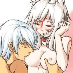  1boy 1girl amaterasu_(ookami) animal_ears biting blush breast_sucking breasts capcom couple dante_(devil_may_cry) devil_may_cry_(series) hetero kuupu marvel marvel_vs._capcom marvel_vs._capcom_3 nipples ookami_(game) personification saliva white_hair wince  rating:Explicit score:45 user:cat123394