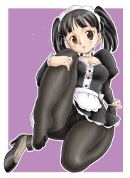 1girl black_pantyhose black_theme blush breasts brown_eyes cleavage earrings feet full_body gusset high_heels jewelry legs looking_at_viewer maid maid_headdress no_panties original outline pantyhose parted_lips shoes unworn_shoes short_twintails skirt solo twintails uniform uraharukon