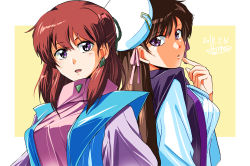  1980s_(style) 2girls :o anice_farm back-to-back bangs breasts brown_hair chouon_senshi_borgman crossover dated earrings eyebrows_visible_through_hair finger_to_cheek hades_project_zeorymer hat himuro_miku hoshino_(pixiv12796893) jewelry long_hair looking_at_viewer medium_breasts multiple_girls oldschool open_mouth purple_eyes red_hair retro_artstyle white_headwear 