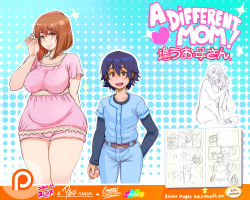  1boy 1girl absurdres blue_hair blush breasts brown_eyes brown_hair child comic couple crystalcheese_(artist) futanari highres incest large_breasts mature_female patreon plump smile wide_hips  rating:Sensitive score:116 user:Fuchy