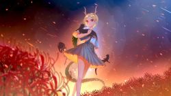  1girl absurdres animal antlers blonde_hair blue_shirt blue_skirt chinese_commentary closed_mouth commentary dragon_girl feet_out_of_frame flower highres holding holding_animal horns jiege kicchou_yachie looking_at_viewer otter parted_bangs red_eyes red_flower shirt short_hair skirt smile solo spider_lily standing touhou turtle_shell  rating:General score:5 user:danbooru