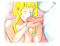  1girl bestiality blonde_hair blush braid breasts caracol censored closed_eyes fellatio large_breasts leina_(queen&#039;s_blade) long_hair nipples nude oral penis queen&#039;s_blade sweatdrop traditional_media twin_braids wolf  rating:Explicit score:69 user:JustS
