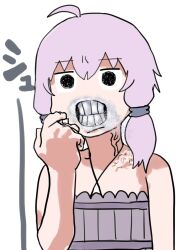  1girl ahoge angry bare_shoulders black_eyes clenched_teeth commentary dress empty_eyes furrowed_brow grey_dress grimace halter_dress halterneck hand_up highres looking_at_viewer mad_max mad_max:_fury_road mashima_jirou parody purple_hair ribbed_dress seyanaa short_hair_with_long_locks simple_background solo spray_paint spraying teeth upper_body veins vocaloid voiceroid white_background wide-eyed yuzuki_yukari 