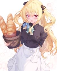  1girl :d apron arm_behind_back baguette basket black_bow black_shirt blonde_hair blue_bow blush bow bread breasts collared_shirt commentary_request dress_shirt food frilled_apron frills fuuna hair_between_eyes hair_bow highres holding holding_basket long_hair looking_at_viewer medium_breasts open_mouth original puffy_short_sleeves puffy_sleeves red_eyes shirt short_sleeves simple_background smile solo two_side_up very_long_hair white_apron white_background 