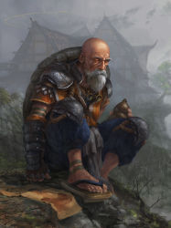  1boy architecture arm_guards armor bald beard building bulma chainmail cloud cloudy_sky dragon_ball drawing drawing_(object) east_asian_architecture eyebrows facial_hair feet flying_nimbus full_body geta glasses gourd grey_hair grosnez half-closed_eyes highres knee_pads male_focus manly moss muten_roushi no_socks old old_man on_ground outdoors pants paper pauldrons puffy_pants realistic rock shoulder_armor sitting sky solo tree turtle_shell unworn_eyewear vest white_hair  rating:Sensitive score:25 user:danbooru