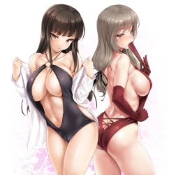 10s 2girls :o ass bare_shoulders black_hair blunt_bangs blush breasts brown_eyes brown_hair butt_crack casual_one-piece_swimsuit cle_masahiro cleavage collarbone cowboy_shot elbow_gloves embarrassed fan_over_face floral_background folding_fan girls_und_panzer gloves hair_ribbon hand_fan highres jacket jacket_over_swimsuit large_breasts long_hair long_sleeves looking_back low-tied_long_hair mature_female multiple_girls navel nishizumi_shiho o-ring o-ring_swimsuit off_shoulder one-piece_swimsuit paper_fan ribbon shimada_chiyo sideboob sidelocks skindentation sweat sweatdrop swimsuit undressing rating:Questionable score:144 user:danbooru