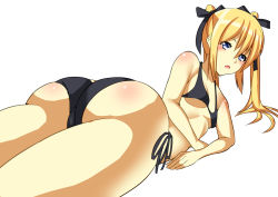 1girl ass bare_shoulders bikini blonde_hair blue_eyes blush breasts dead_or_alive dead_or_alive_5 from_behind gluteal_fold hair_ribbon highres huge_ass long_hair looking_back lying marie_rose nishisan_(mikurosu) on_stomach open_mouth ribbon shiny_skin sideboob simple_background small_breasts solo swimsuit twintails white_background rating:Questionable score:46 user:armorcrystal