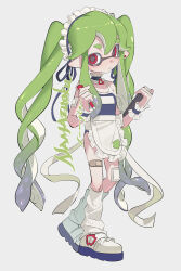  absurdres apron bandaid green_hair highres inkling inkling_girl inkling_player_character long_hair looking_at_viewer maid_headdress menu_board namazuoku nintendo one-piece_swimsuit pen pointy_ears red_eyes signature simple_background splatoon_(series) suction_cups swimsuit tentacle_hair twintails waist_apron waitress white_apron white_background 