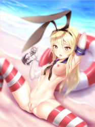 10s 1girl anchor_hair_ornament astdevir bad_id bad_pixiv_id blonde_hair breasts elbow_gloves gloves hair_ornament hairband highres kantai_collection lifebuoy long_hair nipples pussy sailor_collar shimakaze_(kancolle) solo spread_legs striped_clothes striped_thighhighs swim_ring thighhighs uncensored rating:Explicit score:49 user:danbooru