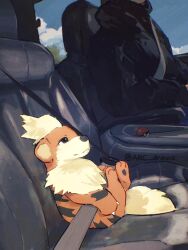  1other arc_draws car_interior car_seat commentary creatures_(company) english_commentary game_freak gen_1_pokemon growlithe head_out_of_frame highres nintendo photo-referenced poke_ball poke_ball_(basic) pokemon pokemon_(creature) seatbelt sitting twitter_username vehicle_interior 