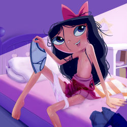  1girl arm_support bed_frame black_hair bow dress flat_chest hair_bow holding_briefs isabella_garcia-shapiro loli long_hair nipples oira_wa_arumajiro on_bed open_mouth panties pants panty_pull phineas_and_ferb pillow polka_dot polka_dot_panties pussy_juice_stain sitting solo stained_panties sweat underwear white_panties  rating:Questionable score:192 user:Domestic_Importer