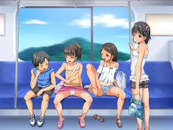 1boy 3girls ass bag bare_shoulders bike_shorts black_hair black_shorts blush breasts cameltoe child_on_child closed_eyes cloud day feet flat_chest full_body groin hand_up high_ponytail highres holding knee_up legs loli long_hair looking_at_another midriff motion_blur mountain multiple_girls navel one-piece_tan open_mouth original panties pantyshot pink_footwear pink_skirt ponytail sandals shirt shoes short_hair short_ponytail short_shorts shorts shota single_sandal sitting skirt sky small_breasts sneakers spread_legs standing tan tanline thighs toes tokei_usagi train train_interior twintails underwear upshorts upskirt white_footwear white_shirt yellow_eyes yellow_shirt rating:Questionable score:231 user:Ynyswydryn