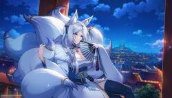  1girl animal_ear_fluff animal_ears bell black_thighhighs blue_eyes breasts cleavage cloud facepaint fox_ears fox_girl fox_tail hand_fan highres holding holding_fan holding_own_tail japanese_clothes jewelry kage_no_jitsuryokusha_ni_naritakute! large_breasts long_hair long_sleeves looking_at_viewer multiple_tails necklace night night_sky official_art sitting sky smile solo tail thighhighs white_hair yukime_(kage_no_jitsuryokusha_ni_naritakute!) 