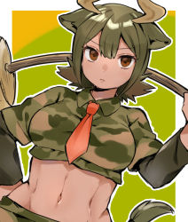  &gt;:( 1girl animal_ears aurochs_(kemono_friends) bangs brown_eyes brown_hair camouflage camouflage_shirt closed_mouth cow_ears cow_horns cropped_shirt dutch_angle eyebrows_visible_through_hair frown green_hair hand_on_hip hand_up holding holding_weapon horns kemono_friends long_sleeves looking_at_viewer medium_hair midriff multicolored_hair navel necktie parted_bangs polearm print_shirt red_neckwear shirt short_over_long_sleeves short_sleeves solo stomach suicchonsuisui tan taut_clothes taut_shirt toned two-tone_hair v-shaped_eyebrows weapon 