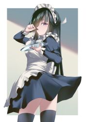  001machi 1girl absurdres alternate_costume apron black_dress black_hair black_thighhighs brown_eyes cup dress enmaided frilled_apron frills hair_over_one_eye hatsushimo_(kancolle) highres kantai_collection long_hair maid maid_headdress solo tea_set teacup teapot thighhighs white_apron 