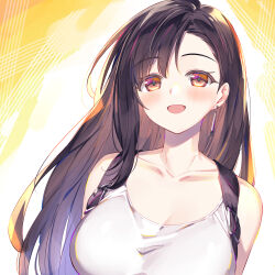  1girl arms_behind_back bare_shoulders black_hair blush breasts bucchake_(asami) collarbone commentary_request earrings final_fantasy final_fantasy_vii hair_behind_ear jewelry large_breasts long_hair looking_at_viewer open_mouth red_eyes single_earring single_sidelock smile solo suspenders tank_top tifa_lockhart upper_body white_tank_top 