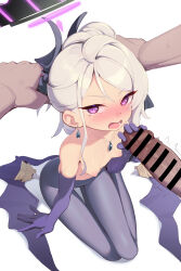  1boy 1girl bar_censor blue_archive blush breasts censored highres hina_(blue_archive) hina_(dress)_(blue_archive) loli long_hair nipples official_alternate_costume official_alternate_hairstyle open_mouth penis purple_eyes purple_thighhighs sgt-jz small_breasts thighhighs white_hair 