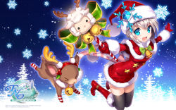  &gt;_&lt; 1girl animal bell black_thighhighs blue_eyes boots bow capelet christmas closed_eyes finding_neverland_online fur_trim gloves hat hat_ornament highres knee_boots looking_at_viewer nardack night official_art official_wallpaper outstretched_arms reindeer santa_boots santa_costume santa_hat sheep short_hair silver_hair smile snow snowflakes snowing spread_arms thighhighs tree wallpaper wand winter  rating:Sensitive score:8 user:danbooru