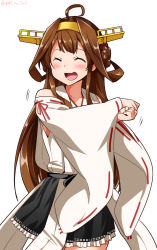  1girl ^_^ ahoge baker_at_bat bare_shoulders blush brown_hair closed_eyes collarbone commentary cowboy_shot detached_sleeves double_bun closed_eyes hair_bun headgear kantai_collection kongou_(kancolle) kongou_kai_ni_(kancolle) long_hair motion_lines new_horizon nontraditional_miko open_mouth parody ribbon-trimmed_sleeves ribbon_trim simple_background skirt smile solo standing twitter_username very_long_hair white_background wide_sleeves yuuki_hb 
