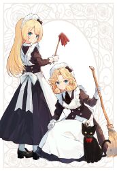  2girls alternate_costume apron aruka black_cat blue_eyes bow cat dress enmaided frilled_apron frills gloves highres janus_(kancolle) jervis_(kancolle) kantai_collection long_hair looking_at_viewer maid maid_apron maid_headdress multiple_girls puffy_sleeves ribbon short_hair waist_apron white_apron white_gloves 