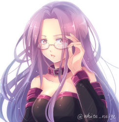  1girl bare_shoulders breasts collar fate/stay_night fate_(series) glasses long_hair medusa_(fate) medusa_(rider)_(fate) purple_eyes purple_hair serino_itsuki simple_background solo white_s  rating:Sensitive score:24 user:danbooru