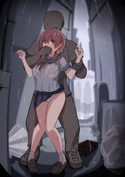 1boy 1girl absurdres alley blush breasts brown_eyes brown_hair full_body hair_ornament hand_on_another&#039;s_mouth hetero highres holding_another&#039;s_wrist imminent_rape large_breasts long_hair looking_at_viewer murosaki_miyo nipples onii-chan_wa_oshimai! outdoors panties rain school_uniform shiwashi_seika standing twintails underwear white_panties rating:Explicit score:56 user:tanaab1234567890
