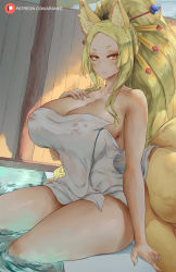 1girl animal_ear_fluff animal_ears araneesama artist_name blonde_hair breasts cleavage curvy female_focus fox_ears fox_girl fox_tail high_school_dxd highres huge_breasts long_hair looking_at_viewer mature_female multiple_tails naked_towel nipples partially_undressed patreon_username ponytail smile solo tail thick_thighs thighs towel water watermark web_address yasaka_(high_school_dxd) yellow_eyes rating:Questionable score:168 user:SlayDash