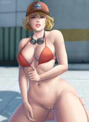 1girl absurdres baseball_cap bikini bikini_pull blonde_hair blurry blurry_background bottomless breasts cidney_aurum cleavage cleft_of_venus clothes_pull commentary english_commentary final_fantasy final_fantasy_xv flowerxl goggles hat highleg highleg_bikini highleg_bikini_bottom highres large_breasts navel on_floor orange_bikini pussy short_hair swimsuit thighhighs window 