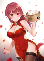  1girl :o alternate_costume baozi bare_arms bare_shoulders breasts brown_thighhighs china_dress chinese_clothes cleavage cleavage_cutout clothing_cutout commentary_request covered_navel cowboy_shot dress earrings food gold_trim groin hair_down hand_up heterochromia highres holding hololive houshou_marine jewelry large_breasts long_hair looking_at_viewer motion_blur nail_polish naomi_(fantasia) open_mouth pelvic_curtain red_dress red_eyes red_hair side_cutout sleeveless sleeveless_dress solo thighhighs thighs virtual_youtuber yellow_eyes  rating:Sensitive score:20 user:danbooru