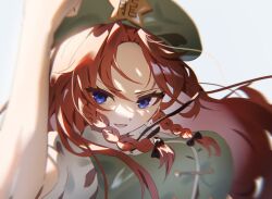  1girl beret black_bow blue_eyes bow braid breasts commentary_request eyes_visible_through_hair green_hat hair_bow hat hat_ornament highres hong_meiling long_hair open_mouth rakugakiman2222 red_hair smile solo star_(symbol) star_hat_ornament touhou twin_braids 