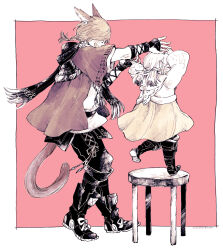  1boy 1girl ^_^ animal_ears arms_up belt black_footwear black_pants black_scarf boots border bracer braid brown_hair brown_jacket cat_boy cat_ears cat_tail closed_eyes commentary dancing facial_mark final_fantasy final_fantasy_xiv fringe_trim from_side full_body g&#039;raha_tia happy hatching_(texture) height_difference highres itowo_(itowc) jacket jewelry knee_boots lalafell leg_up limited_palette long_sleeves low_twintails medium_hair miqo&#039;te on_chair open_mouth outside_border pants pendant pink_background pointy_ears scarf shirt short_hair short_twintails simple_background single_braid skirt standing standing_on_chair standing_on_one_leg stool tail thigh_boots twintails warrior_of_light_(ff14) white_border white_jacket white_shirt yellow_skirt 