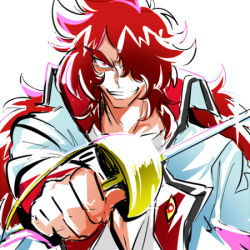  10s 1boy biho_(tsuinku) coat grin hair_over_one_eye heartcatch_precure! kumojacky long_hair lowres male_focus precure rapier red_eyes red_hair smile smug solo sword weapon white_background 