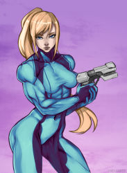 1girl absurdres artist_name blonde_hair blue_eyes bodysuit breasts collaboration colorized contrapposto covered_navel cowboy_shot djok3 elee0228 gloves gun halftone halftone_background handgun high_ponytail highres holding holding_weapon lips long_hair looking_at_viewer metroid muscular muscular_female nintendo own_hands_together pistol ponytail purple_background samus_aran serious sidelocks skin_tight solo standing swept_bangs taut_clothes thick_thighs thighs toned trigger_discipline turtleneck very_long_hair weapon zero_suit rating:Sensitive score:39 user:danbooru