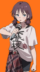  1girl absurdres black_shorts blue_eyes blush brown_hair brown_skirt clothes_writing collarbone commentary_request cowboy_shot girls_band_cry hair_ornament hairclip half-skirt highres holding holding_microphone iseri_nina looking_at_viewer low_twintails meka_aoratos microphone orange_background plaid plaid_skirt pleated_skirt shirt shirt_partially_tucked_in short_hair short_sleeves short_twintails shorts shorts_under_skirt simple_background skirt solo sweat tongue tongue_out translation_request twintails white_shirt x_hair_ornament 