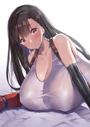 1girl bare_shoulders black_hair breast_rest breasts cleavage earrings covered_erect_nipples final_fantasy final_fantasy_vii gloves head_tilt huge_breasts jewelry long_hair looking_at_viewer nagase_haruhito orange_eyes parted_lips see-through shirt suspenders sweat tank_top tifa_lockhart upper_body wet wet_clothes wet_shirt wet_shirt rating:Questionable score:63 user:100241