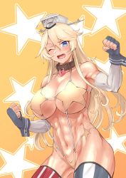 1girl abs ahoge american_flag_legwear arms_up bikini blonde_hair blue_eyes blush breasts choker cowboy_shot detached_sleeves fingerless_gloves gloves gradient_background heart_lock_(kantai_collection) highres iowa_(kancolle) kantai_collection large_breasts long_hair looking_at_viewer mrdotd muscular muscular_female one_eye_closed open_mouth solo star-shaped_pupils star_(symbol) starry_background string_bikini swimsuit symbol-shaped_pupils thick_thighs thighhighs thighs rating:Questionable score:29 user:danbooru