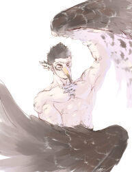  1boy abs animal_feet arm_up bara beak body_fur chest_tuft closed_eyes closed_mouth eye_mask facial_hair feathered_wings harpy_boy head_wings male_focus monster_boy muted_color nude original p!k@ru pectorals sideburns_stubble solo stomach stubble toned toned_male unfinished upper_body white_background winged_arms wings 