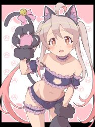 1girl absurdres ahoge animal_ears animal_hands bare_shoulders bell black_border black_bra black_choker black_panties blush border bow bra breasts bridal_garter bright_pupils brown_eyes cat_ears cat_lingerie cat_tail choker claws collar collarbone commentary cowboy_shot d: detached_sleeves duplicate embarrassed fake_animal_ears fake_tail frilled_bra frilled_collar frilled_panties frilled_sleeves frills genderswap genderswap_(mtf) gloves gluteal_fold hair_between_eyes hand_up highres jingle_bell light_brown_hair long_hair looking_at_viewer meme_attire official_alternate_costume onii-chan_wa_oshimai! open_mouth oyama_mahiro panties paw_gloves paw_print pink_bow raised_eyebrows short_sleeves sidelocks simple_background small_breasts solo straight_hair tail tail_bell tail_bow tail_ornament tail_raised tareme teeth twintails u_illustrator underwear upper_teeth_only very_long_hair white_background