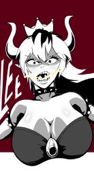 1girl absurdres armlet bowsette breasts cleavage collar constricted_pupils crown fangs female_focus fire highres horns large_breasts looking_at_viewer mario_(series) mob_lee new_super_mario_bros._u_deluxe nintendo open_mouth pointy_ears self-upload sharp_teeth solo spiked_armlet spiked_collar spiked_hair spikes super_crown teeth upper_body  rating:Sensitive score:12 user:LEE69
