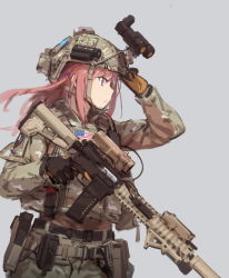  1girl american_flag angled_foregrip ar-15 arm_up assault_rifle binoculars black_gloves blue_eyes camcorder camouflage closed_mouth commentary cowboy_shot fangdan_runiu girls&#039;_frontline gloves grey_background gun hand_up handgun helmet holster laser_sight load_bearing_vest long_hair looking_to_the_side m4_carbine m4_sopmod_ii military military_operator military_uniform mk_18_carbine night-vision_device nightmaremk2 ocp_(camo) operator pink_hair pistol profile rifle simple_background solo st_ar-15_(girls&#039;_frontline) trigger_discipline uniform video_camera weapon woodland_camouflage 