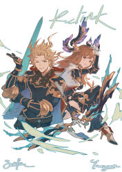  1boy 1girl absurdres belt black_pants black_shirt black_thighhighs blonde_hair bow_(weapon) breasts brown_eyes capelet character_name closed_mouth copyright_name elbow_rest gauntlets gloves granblue_fantasy granblue_fantasy:_relink green_eyes high_heels highres holding holding_bow_(weapon) holding_weapon long_hair looking_at_viewer one_eye_closed orange_hair panmee pants parted_lips salute seofon_(granblue_fantasy) shirt short_hair signature small_breasts smile spiked_hair sword thighhighs tweyen_(granblue_fantasy) weapon white_background white_capelet white_gloves 