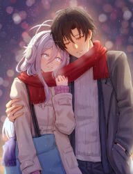  1boy 1girl 86_-eightysix- alternate_costume brown_hair closed_mouth coat couple grey_coat grey_eyes grey_hair hair_between_eyes hand_in_pocket hetero highres kamatanu_free lens_flare long_hair long_sleeves night open_clothes open_coat outdoors red_eyes red_scarf ribbed_sweater scarf shared_clothes shared_scarf shinei_nouzen short_hair smile snowing sweater vladilena_millize white_sweater 