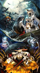  10s 6+girls abyssal_ship animal_costume animal_ears bandages bat_(animal) battleship_princess black_hair blue_eyes braid breasts cleavage cleavage_cutout clothing_cutout commentary_request enemy_aircraft_(kancolle) glasses glowing glowing_eyes halloween halloween_costume hat headphones highres hood hood_up hoodie horns jack-o&#039;-lantern kantai_collection kito_(kito2) large_breasts long_hair mask mask_on_head midway_princess multiple_girls night night_sky northern_ocean_princess orange_eyes purple_eyes re-class_battleship salute scarf scythe seaport_princess short_hair single_braid single_horn skull_mask sky sleeves_past_wrists stitches supply_depot_princess tail turret very_long_hair water white_hair witch_hat wo-class_aircraft_carrier wolf_ears  rating:Sensitive score:24 user:danbooru