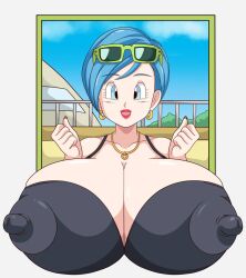  1girl bare_shoulders blue_eyes blue_hair bracelet breasts bulma cleavage covered_erect_nipples dragon_ball dragon_ball_super earrings female_focus gigantic_breasts glasses_on_head green-framed_eyewear highres jewelry mature_female nipples red_lips red_nails short_hair solo toshiso_(artist) upper_body 
