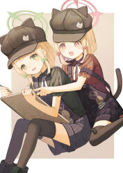  2girls alternate_costume black_hat black_overalls black_thighhighs blonde_hair blue_archive blush bow cabbie_hat green_bow green_eyes green_halo green_shirt hair_bow halo hat highres holding holding_notebook holding_pencil midori_(blue_archive) momoi_(blue_archive) multiple_girls notebook open_mouth original-orange-610917 overall_shorts overalls pencil pink_halo red_bow red_eyes red_shirt shirt short_hair siblings sisters smile thighhighs twins 