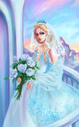  1girl blonde_hair blue_eyes bouquet crown cxonline disney dress elsa_(frozen) female_focus flower frozen_(disney) highres makeup mountain snowflakes veil wedding_dress  rating:Sensitive score:13 user:twilight_jester