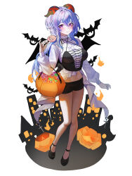 1girl absurdres alternate_costume bare_legs black_footwear black_wings blue_hair blush breasts candy cross-laced_clothes food full_body ganyu_(genshin_impact) genshin_impact halloween halloween_bucket hee_(user_ykux4248) highres horns large_breasts long_sleeves looking_at_viewer navel pinky_out pumpkin purple_eyes shirt short_shorts shorts simple_background smile solo stomach white_shirt wings  rating:Sensitive score:13 user:danbooru